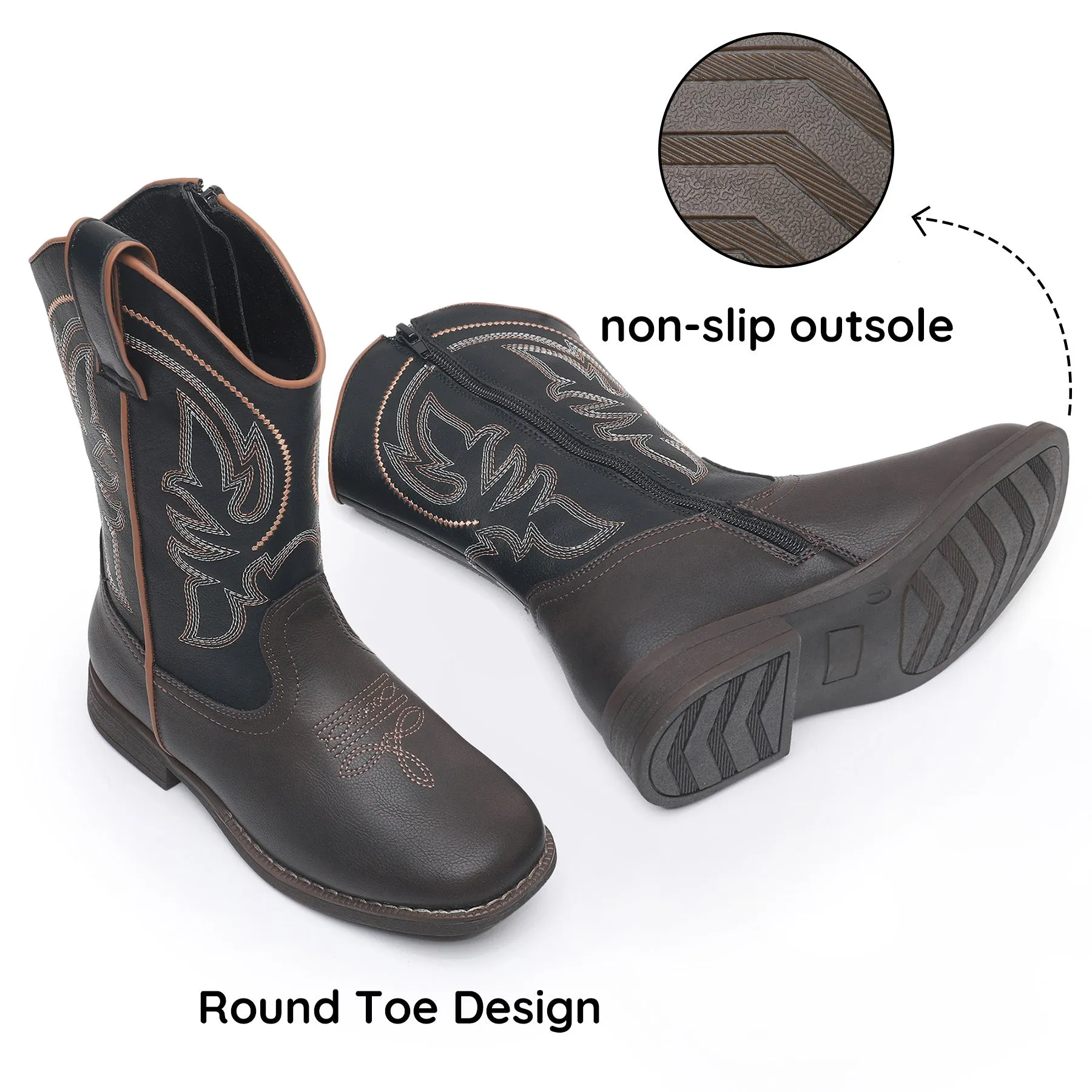 Apakowa Kids Boys Girls Square Toe Cowboy Boots-RF827-Black