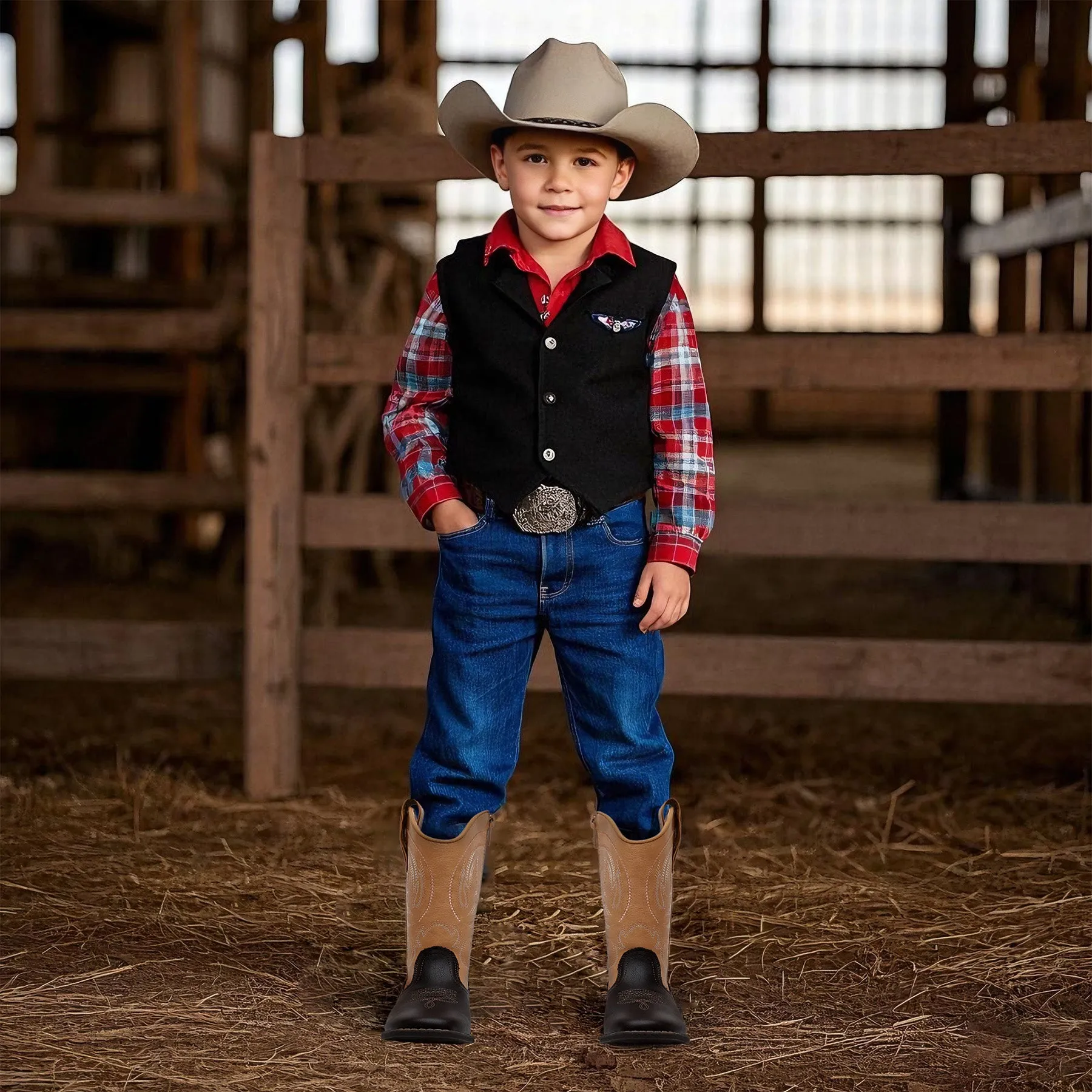Apakowa Kids Boys Girls Square Toe Cowboy Boots-RF827-Camel