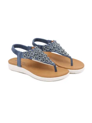 Blue V-Strap Rhinestone Sandal