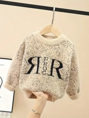 Boys Letter Pattern Knit Sweater, Round Neck Long Sleeve Stretch Warm Thick Pullover Top Boys Clothes Outdoor