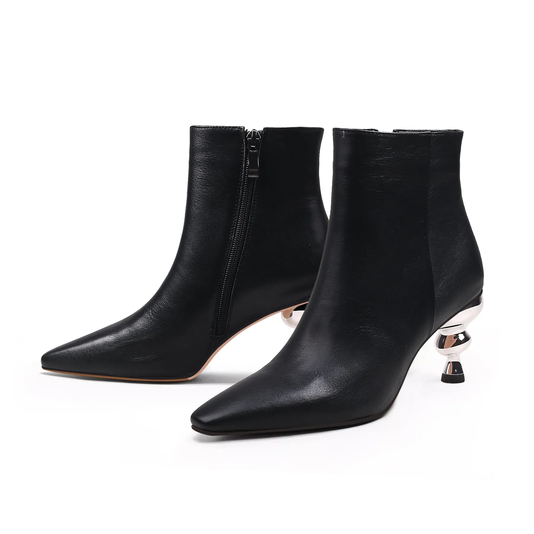 Cap Heel Leather Bootie - Black