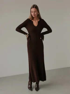 Chic Wine Chocolate Brown Knit Midi Dress