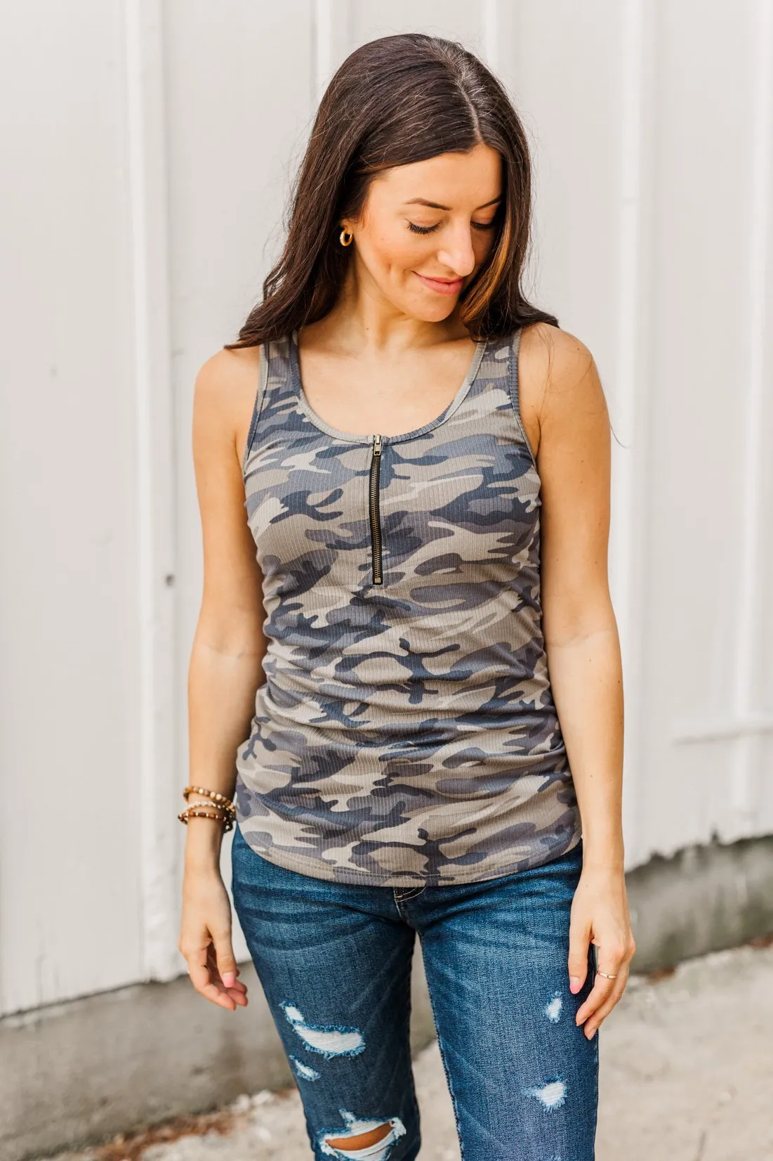 Cute By Nature Zipper Henley Tank- Camo