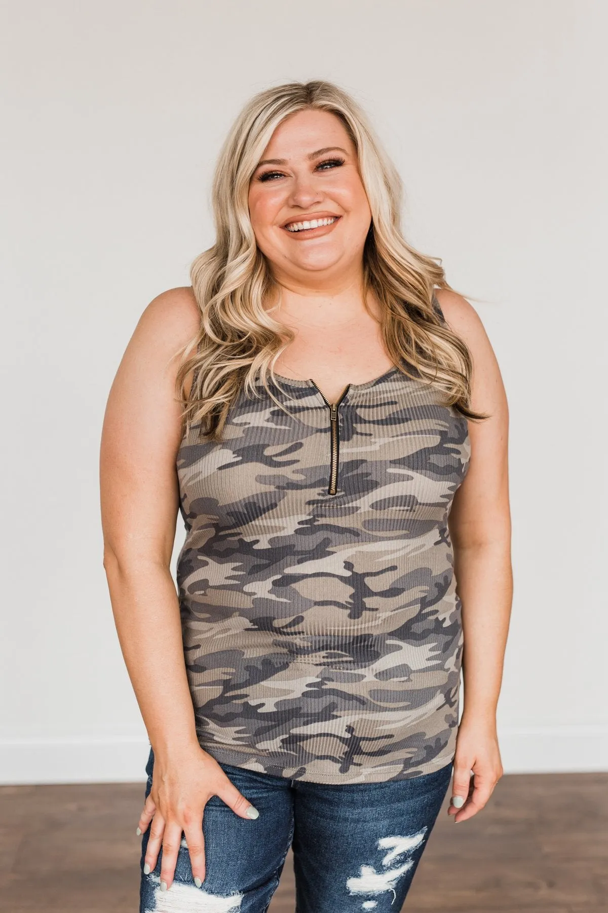 Cute By Nature Zipper Henley Tank- Camo