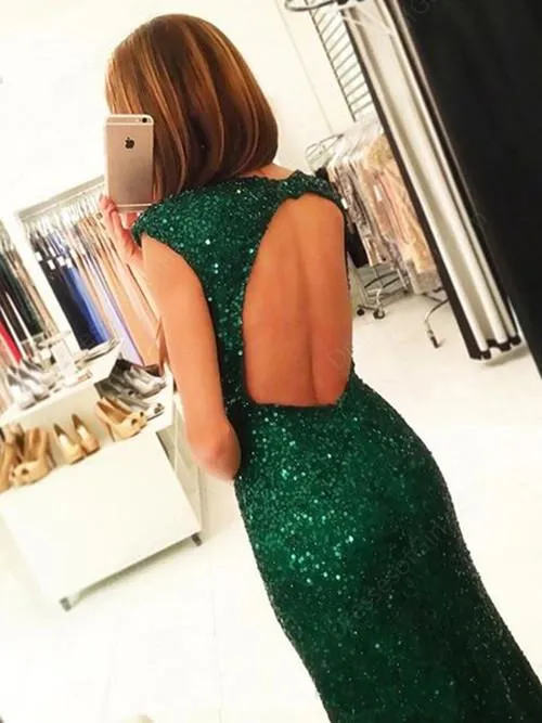 Dark Green Open Back Cap Sleeves Front Split Long Prom Dresses, Evening Dress, MP181