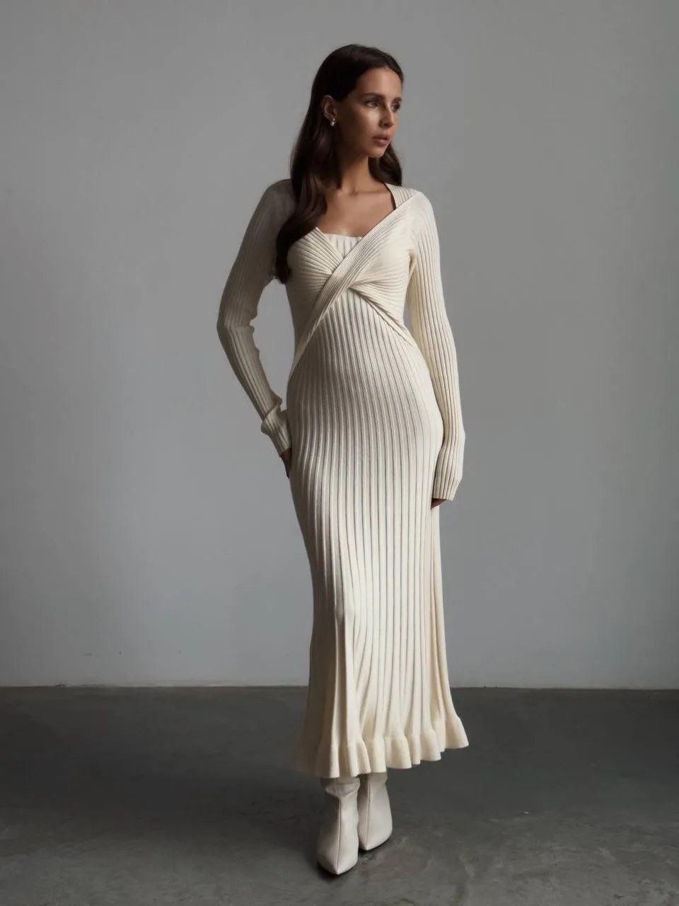 Elegant Cross-Front Ribbed Maxi Dress