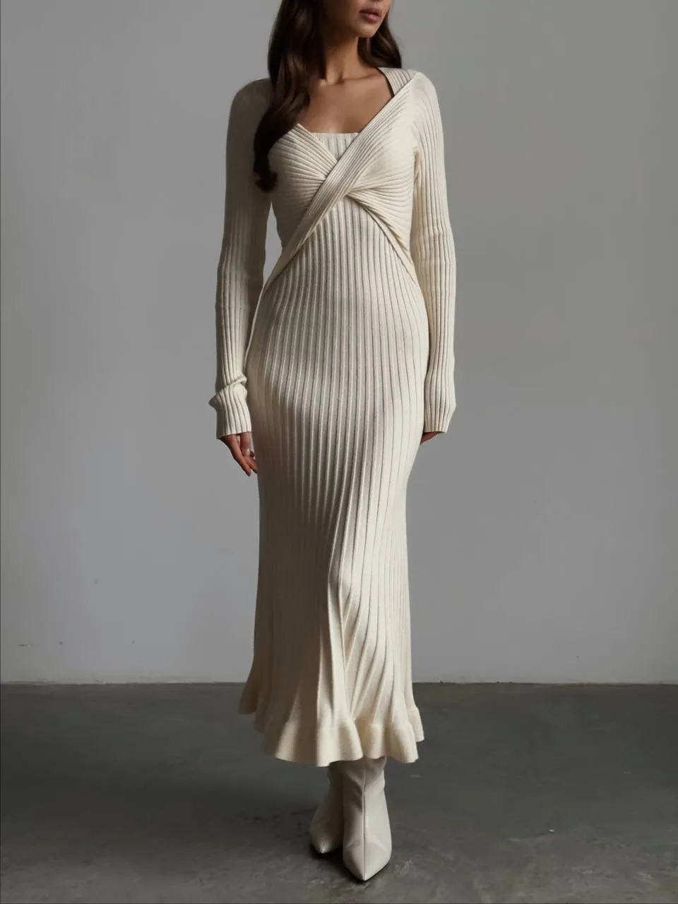 Elegant Cross-Front Ribbed Maxi Dress