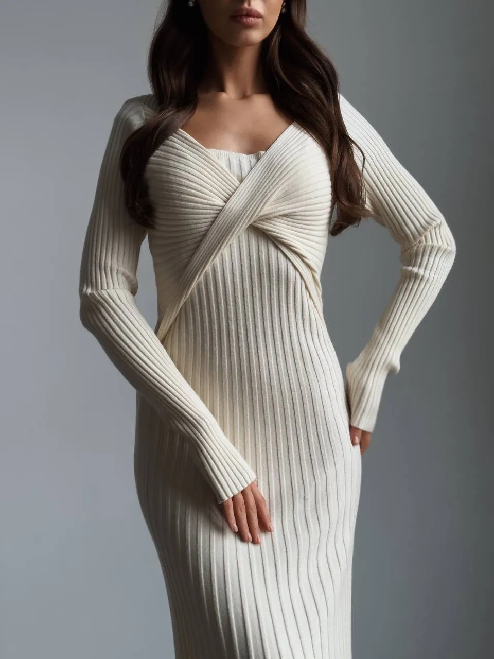 Elegant Cross-Front Ribbed Maxi Dress