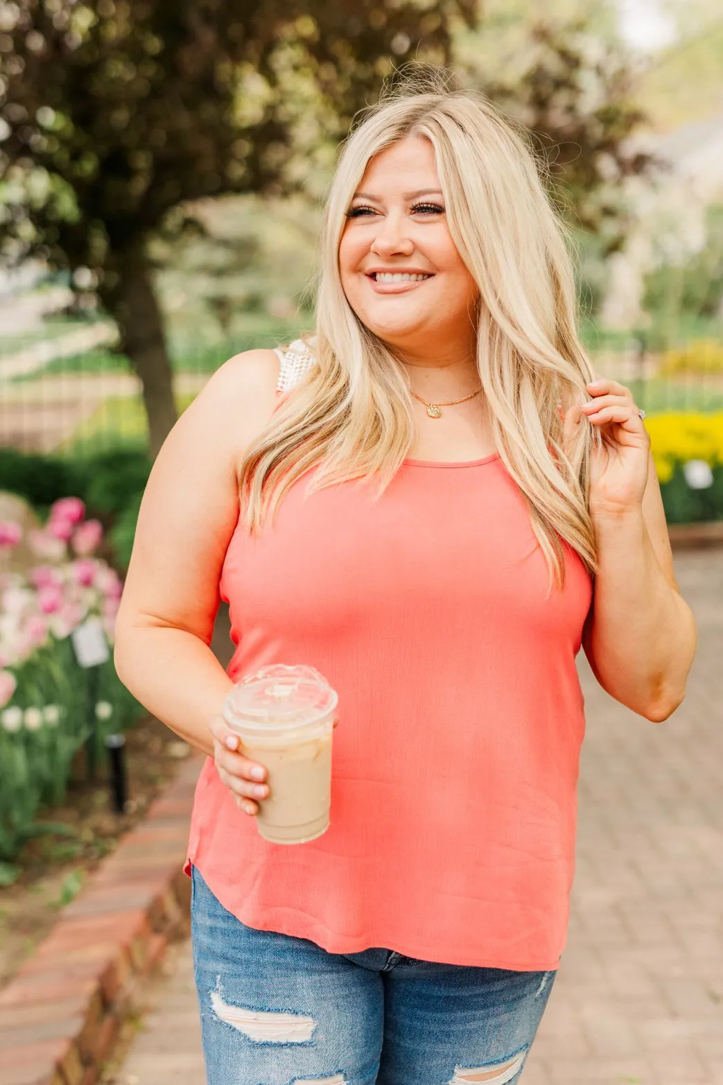 Forever Cherished Lace Tank Top- Coral