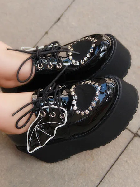 Gothic Lolita Shoes Black Lace Up Platform Studded Gothic Lolita Footwear