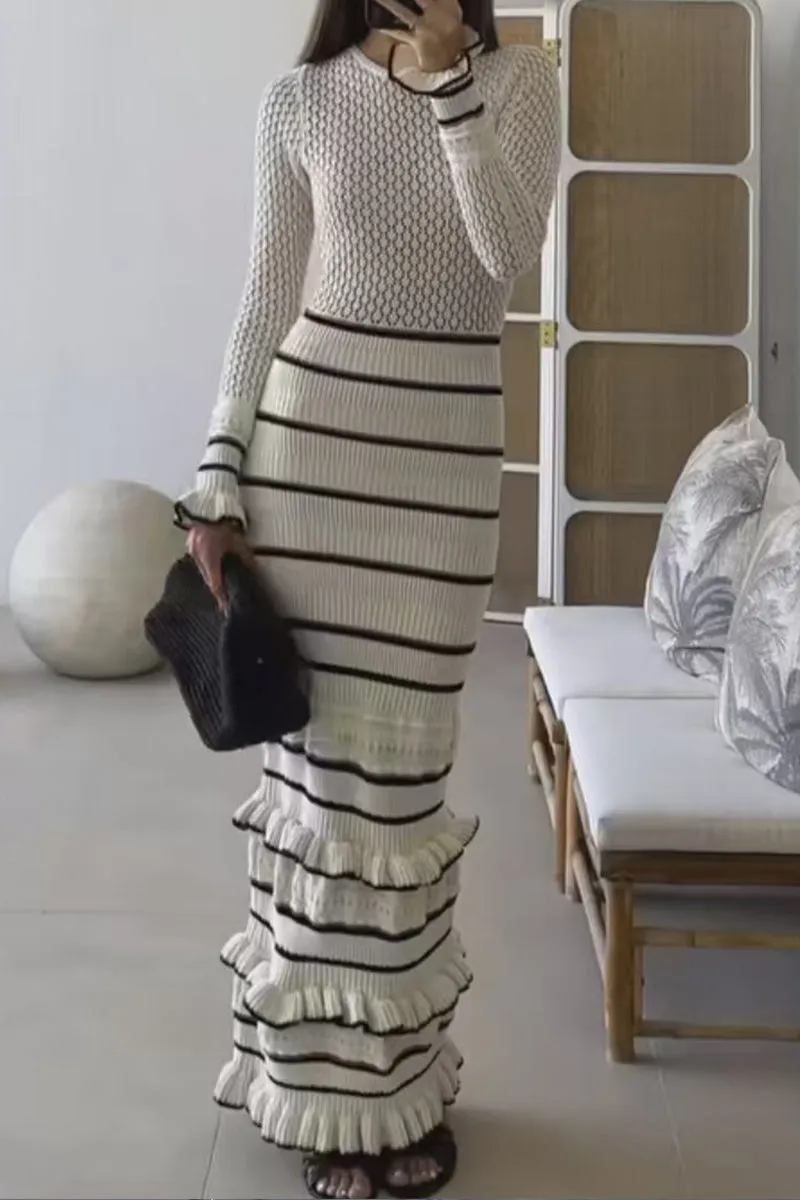 HBT1300 Ruffle-Trim Striped Knit Dress
