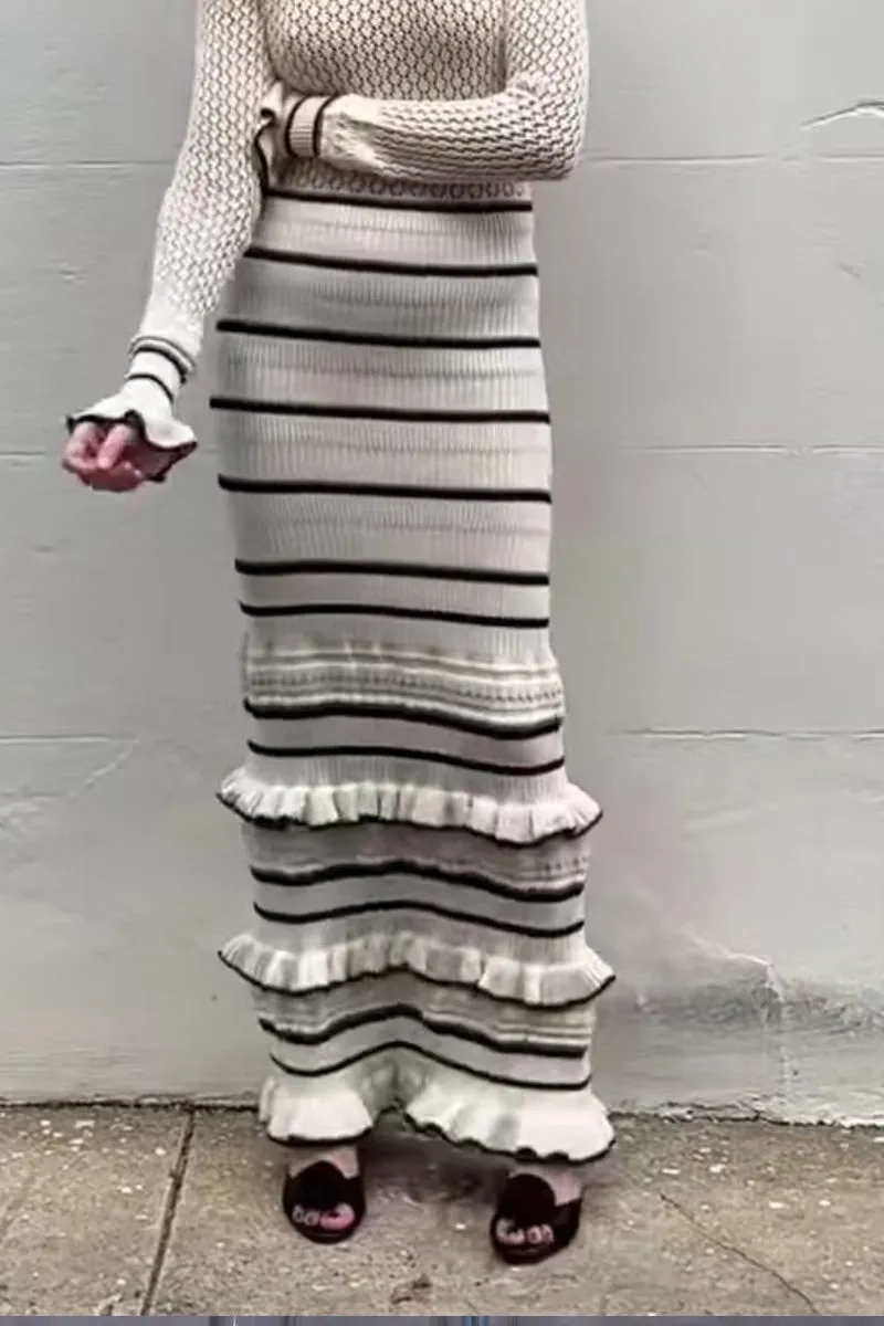 HBT1300 Ruffle-Trim Striped Knit Dress