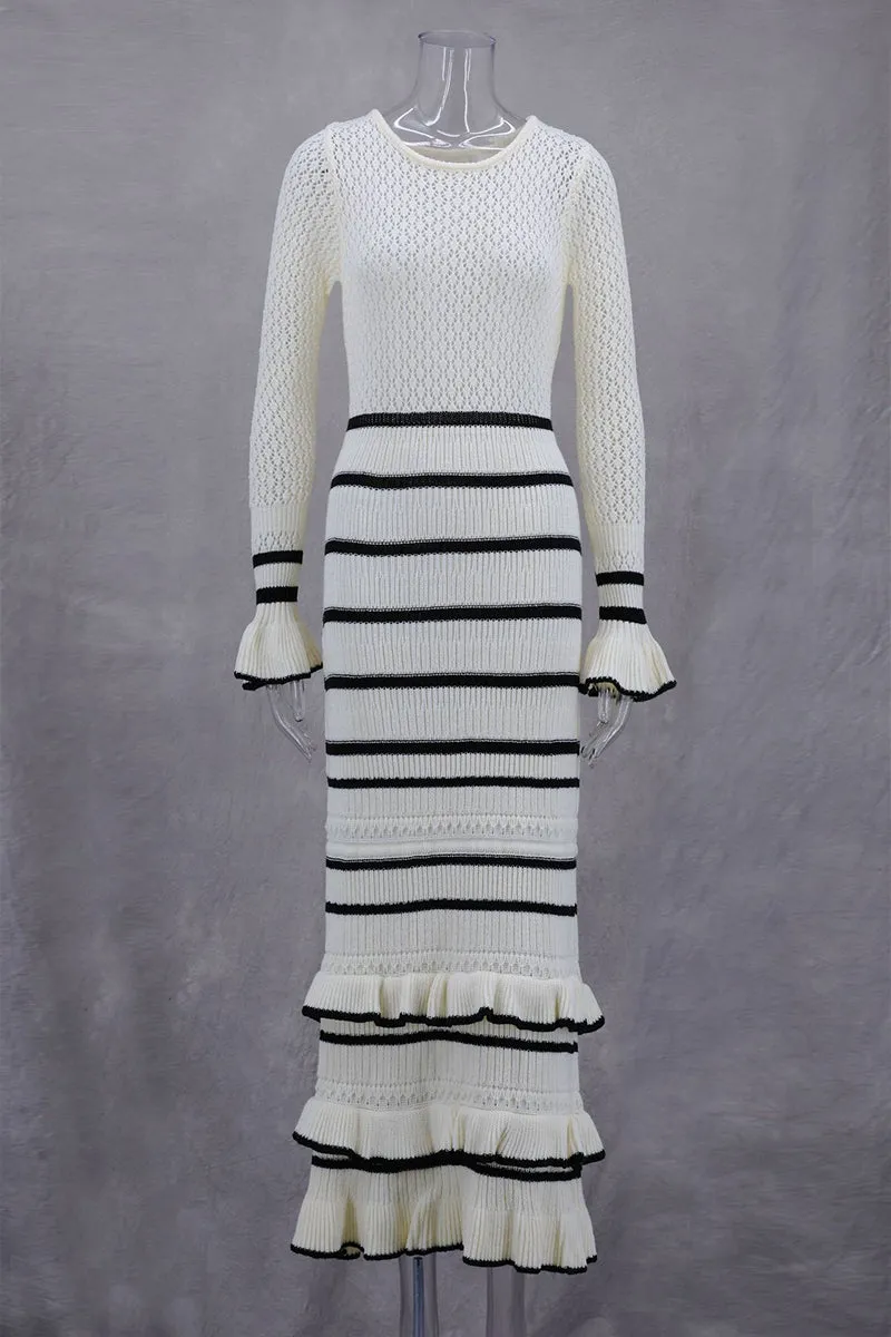 HBT1300 Ruffle-Trim Striped Knit Dress