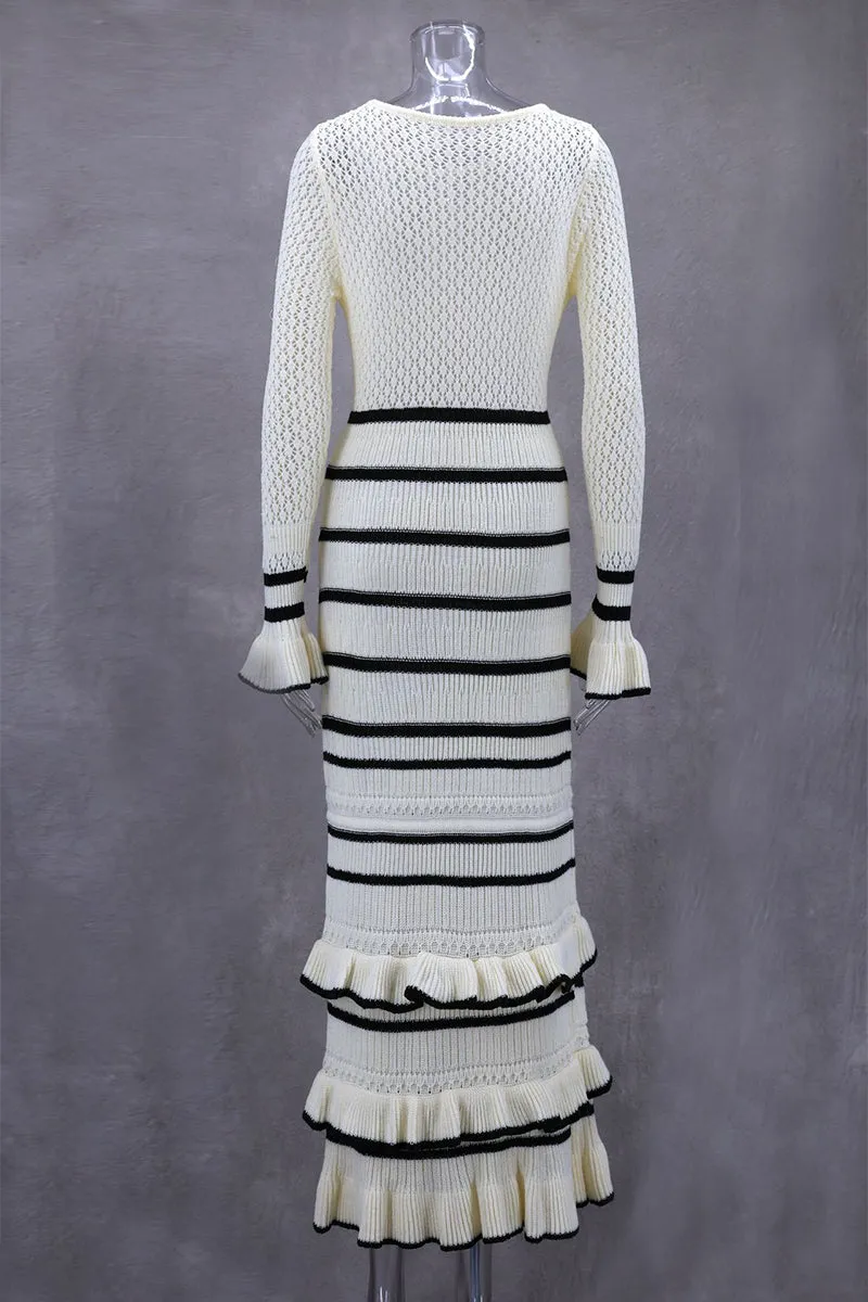 HBT1300 Ruffle-Trim Striped Knit Dress