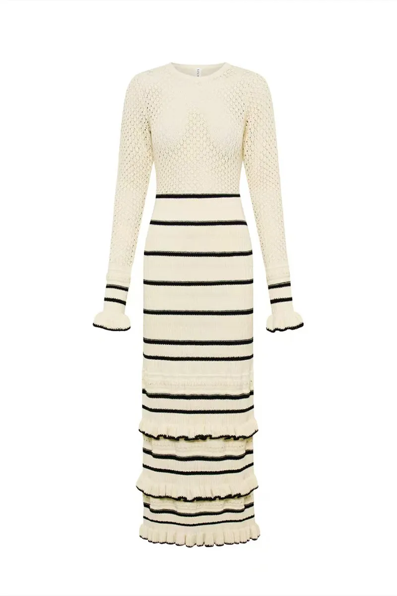 HBT1300 Ruffle-Trim Striped Knit Dress