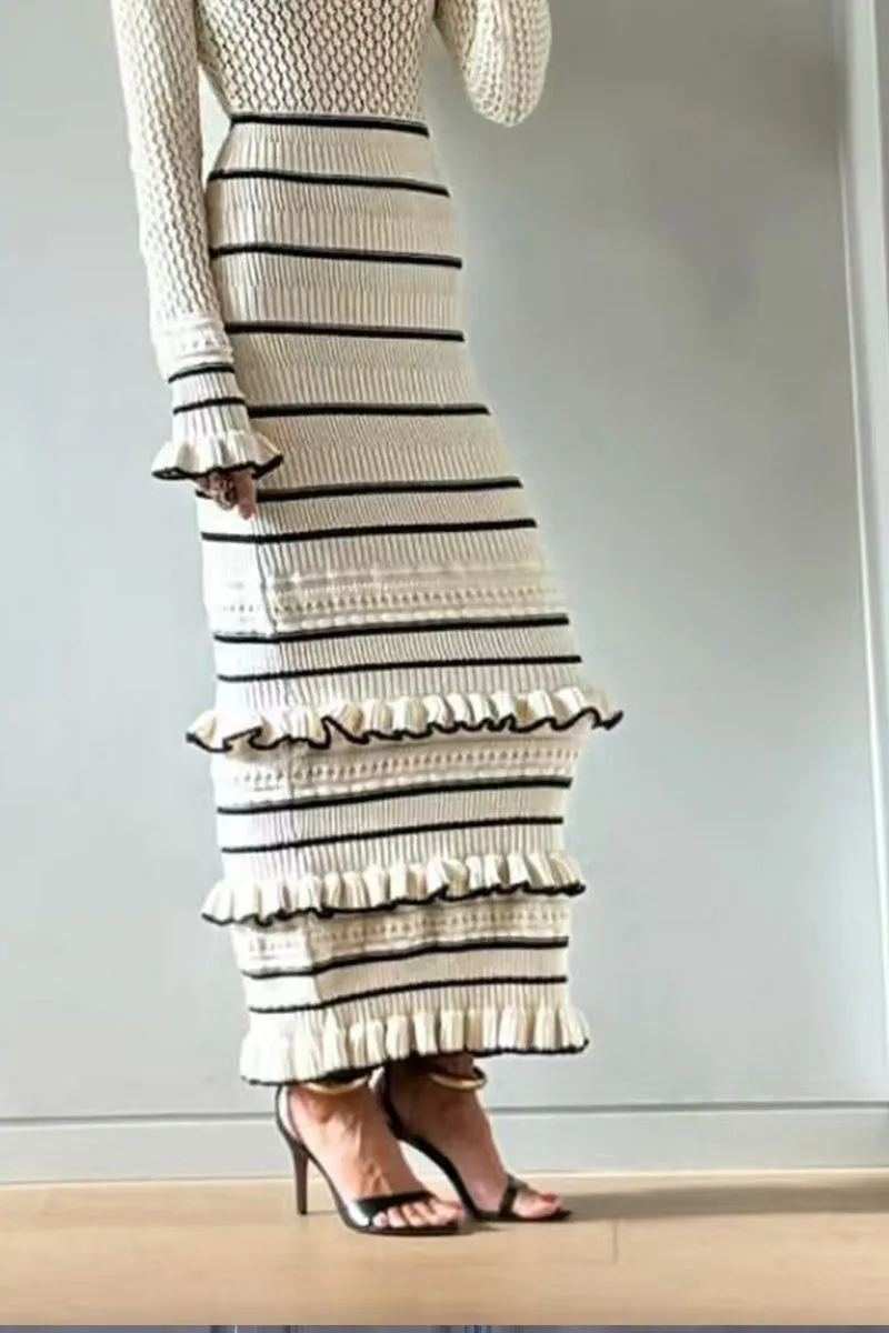 HBT1300 Ruffle-Trim Striped Knit Dress