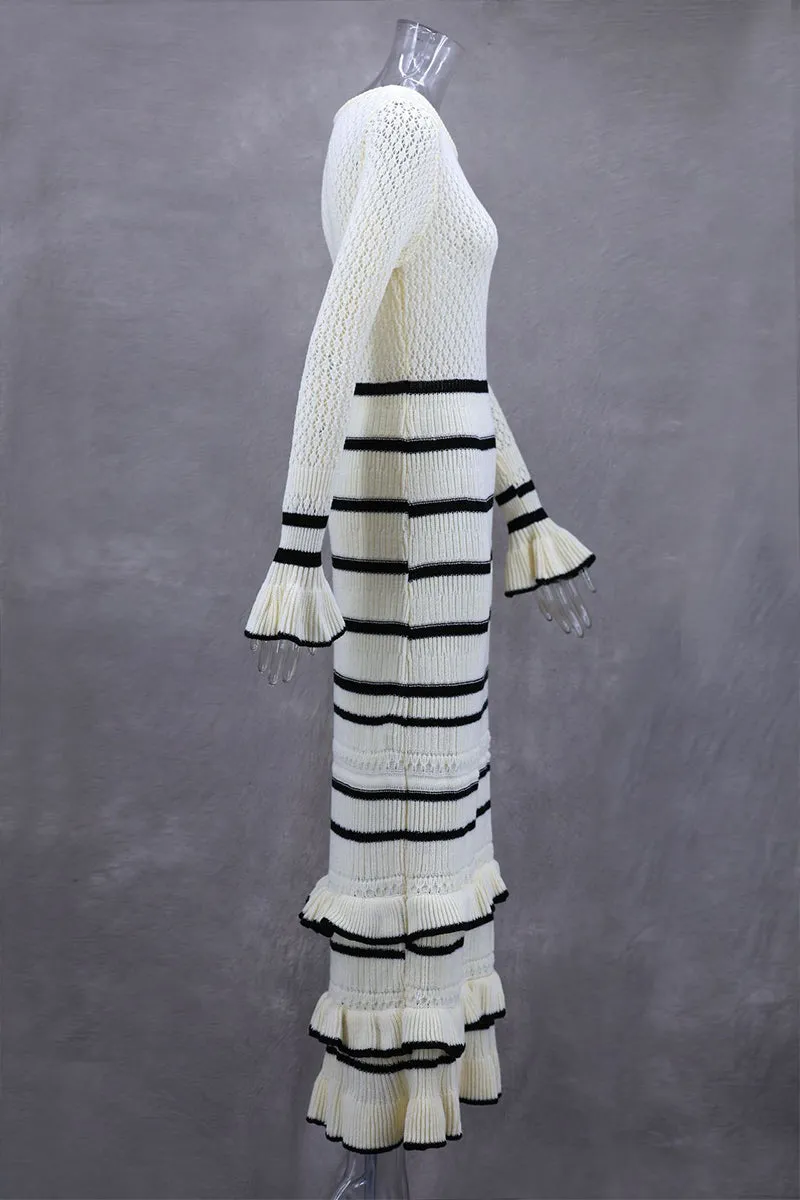 HBT1300 Ruffle-Trim Striped Knit Dress