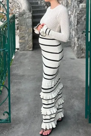 HBT1300 Ruffle-Trim Striped Knit Dress
