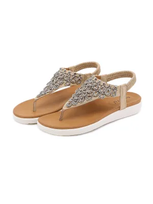 Khaki V-Strap Rhinestone Sandal
