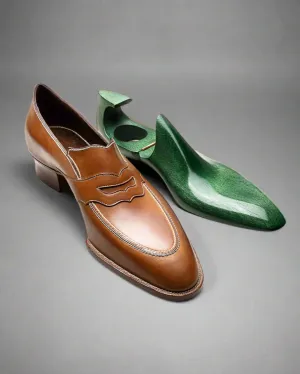 Luxury Edition - Tan Italian Leather Slip On Goodyear Welted Loafers With Special Metal Plate - Loafers