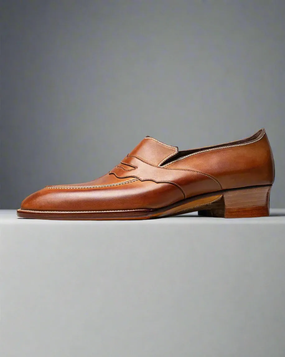 Luxury Edition - Tan Italian Leather Slip On Goodyear Welted Loafers With Special Metal Plate - Loafers