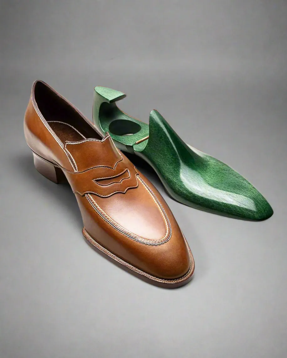 Luxury Edition - Tan Italian Leather Slip On Goodyear Welted Loafers With Special Metal Plate - Loafers