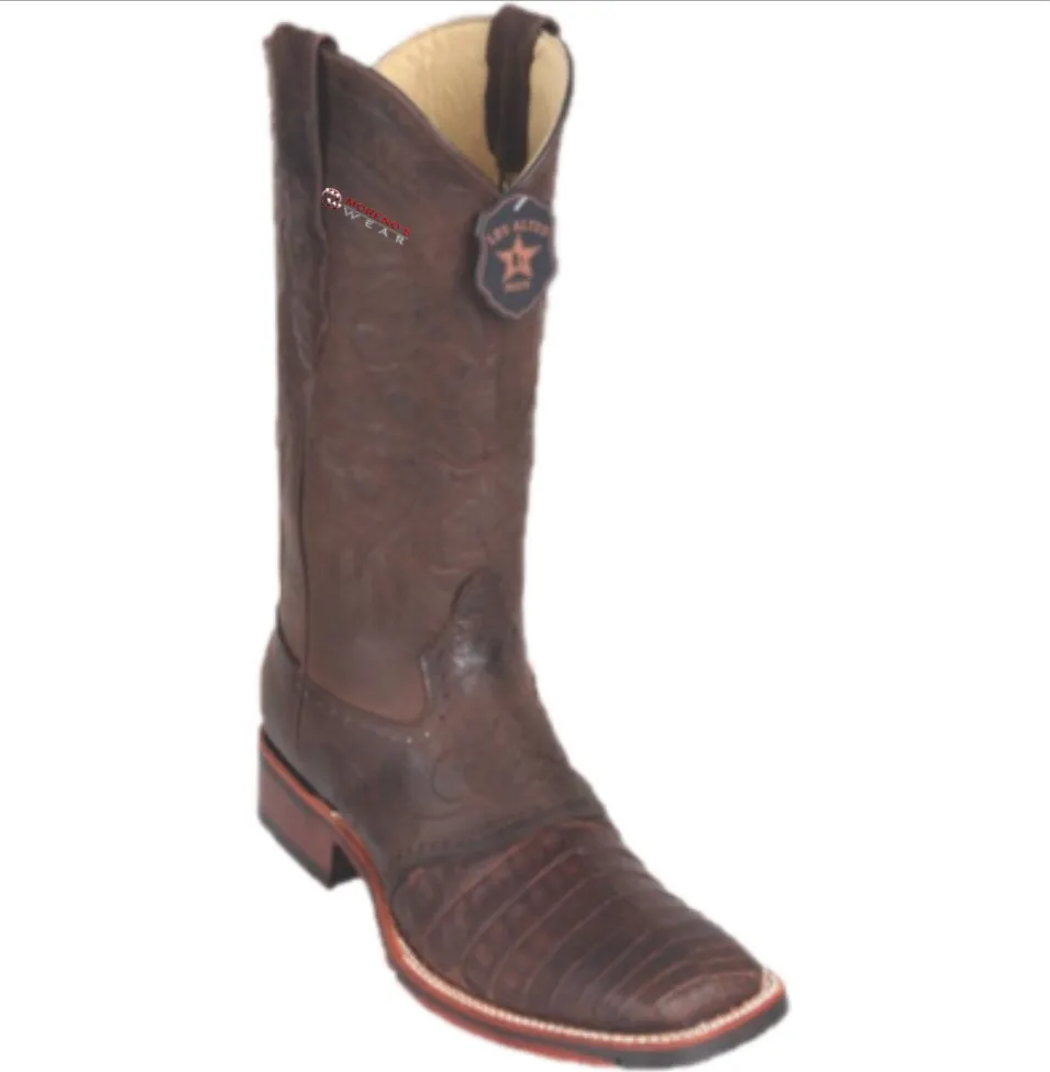 Men’s Los Altos Caiman Belly Boots With Saddle Wide Square Toe (Rubber Sole)