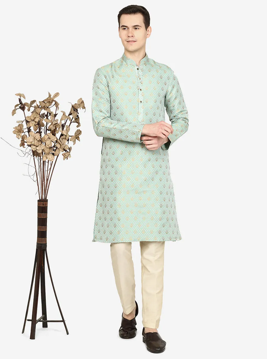 Mint Green Printed Ethnic Silk Blend Kurta | The Kurta Company