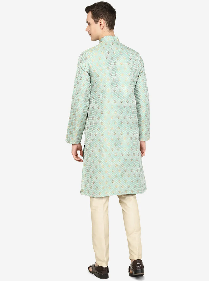 Mint Green Printed Ethnic Silk Blend Kurta | The Kurta Company