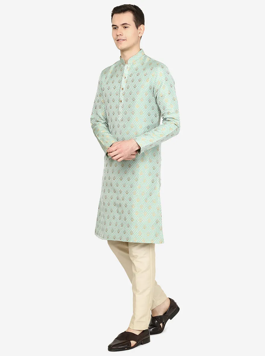 Mint Green Printed Ethnic Silk Blend Kurta | The Kurta Company