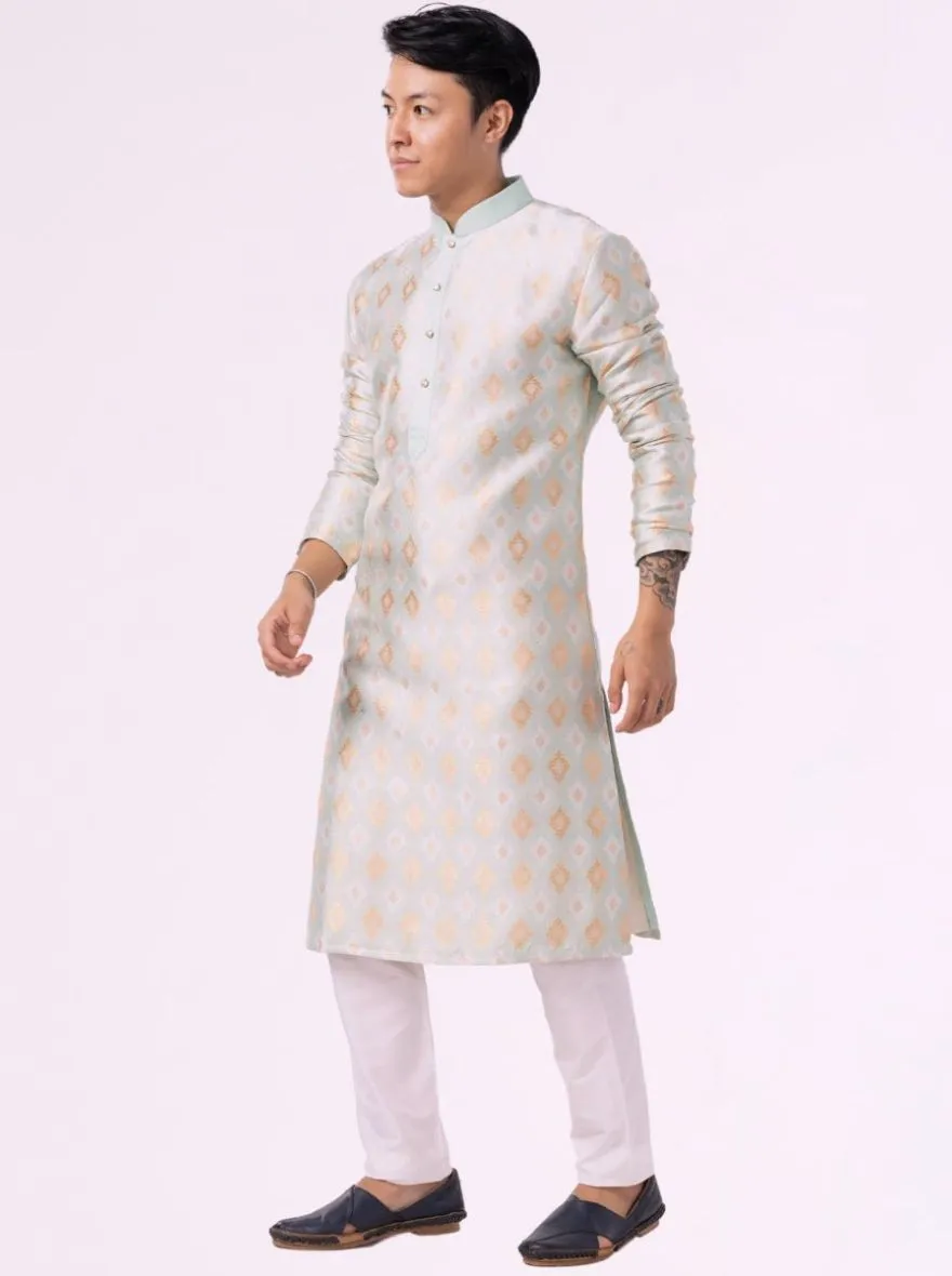 Mint Green Printed Jacquard Kurta | The Kurta Company