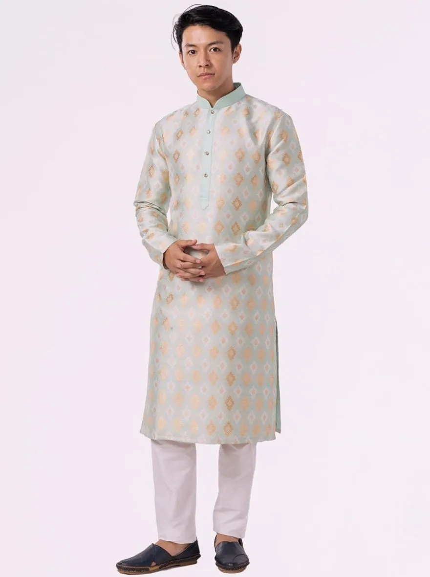 Mint Green Printed Jacquard Kurta | The Kurta Company
