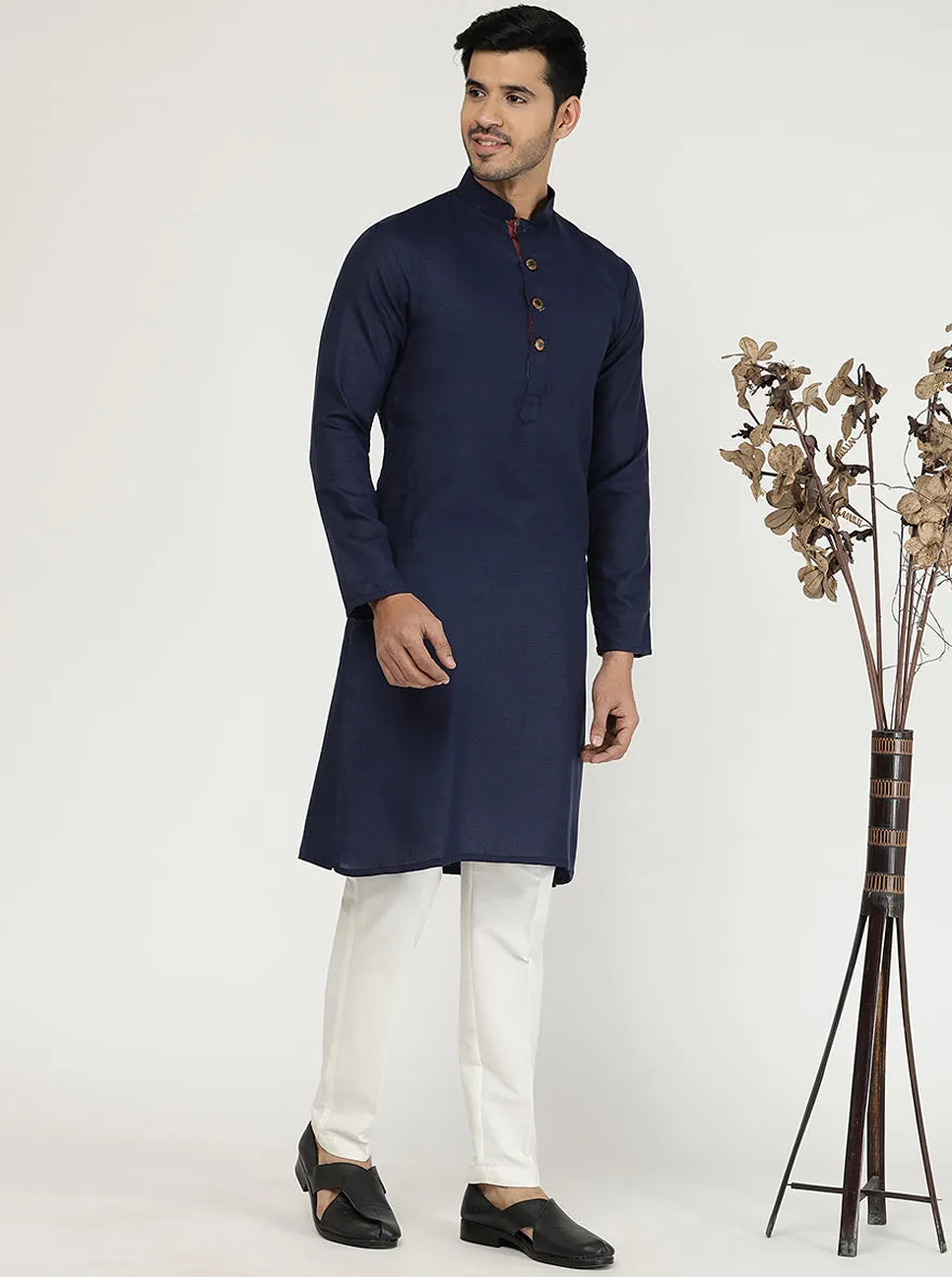 Navy Blue Solid Cotton Silk Blend Kurta | The Kurta Company