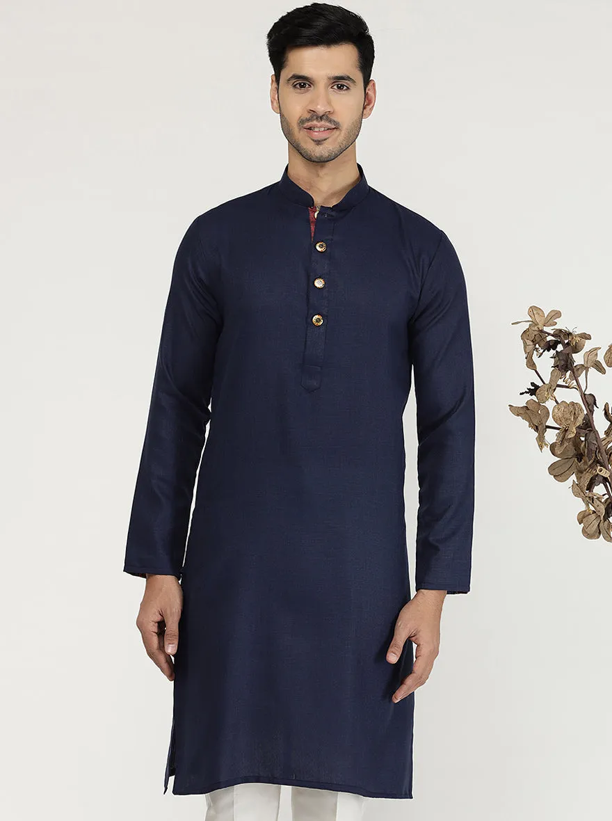 Navy Blue Solid Cotton Silk Blend Kurta | The Kurta Company