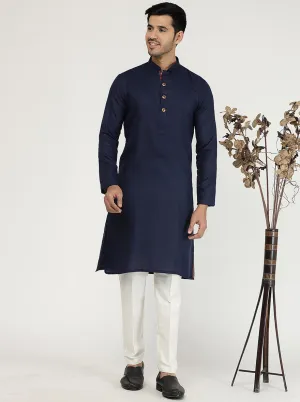 Navy Blue Solid Cotton Silk Blend Kurta | The Kurta Company