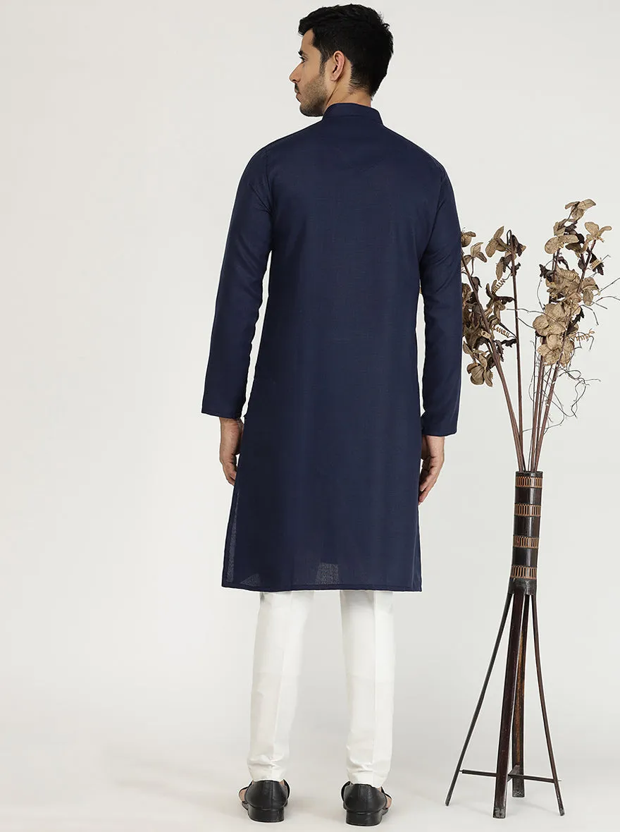 Navy Blue Solid Cotton Silk Blend Kurta | The Kurta Company