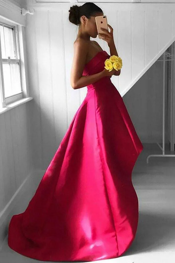 New Arrival Red High Low Off Shoulder of Fuchsia Pleated Strapless Prom Dress, MP308