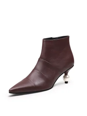 Pearl Kitten Heel Leather Bootie - Chocolate