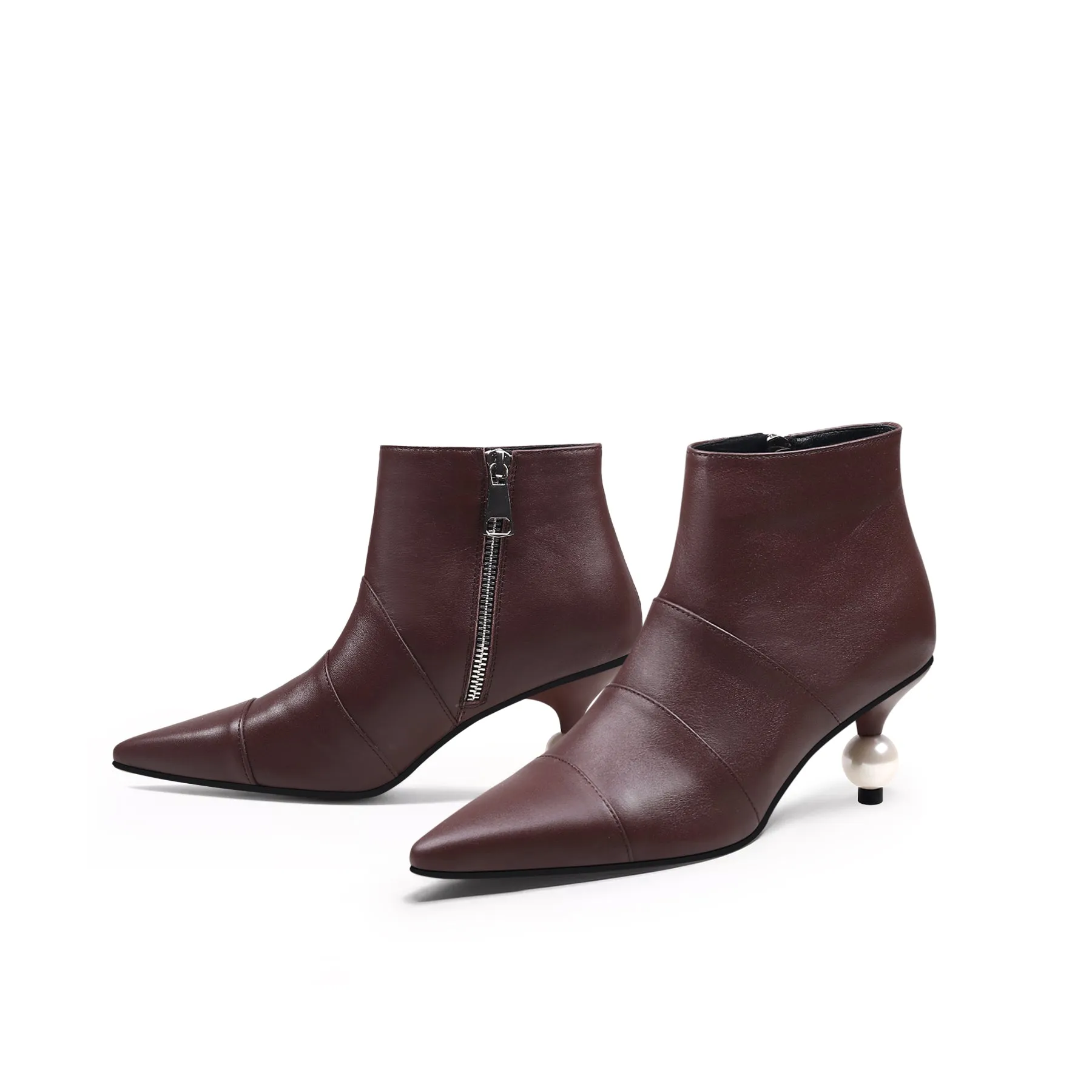 Pearl Kitten Heel Leather Bootie - Chocolate