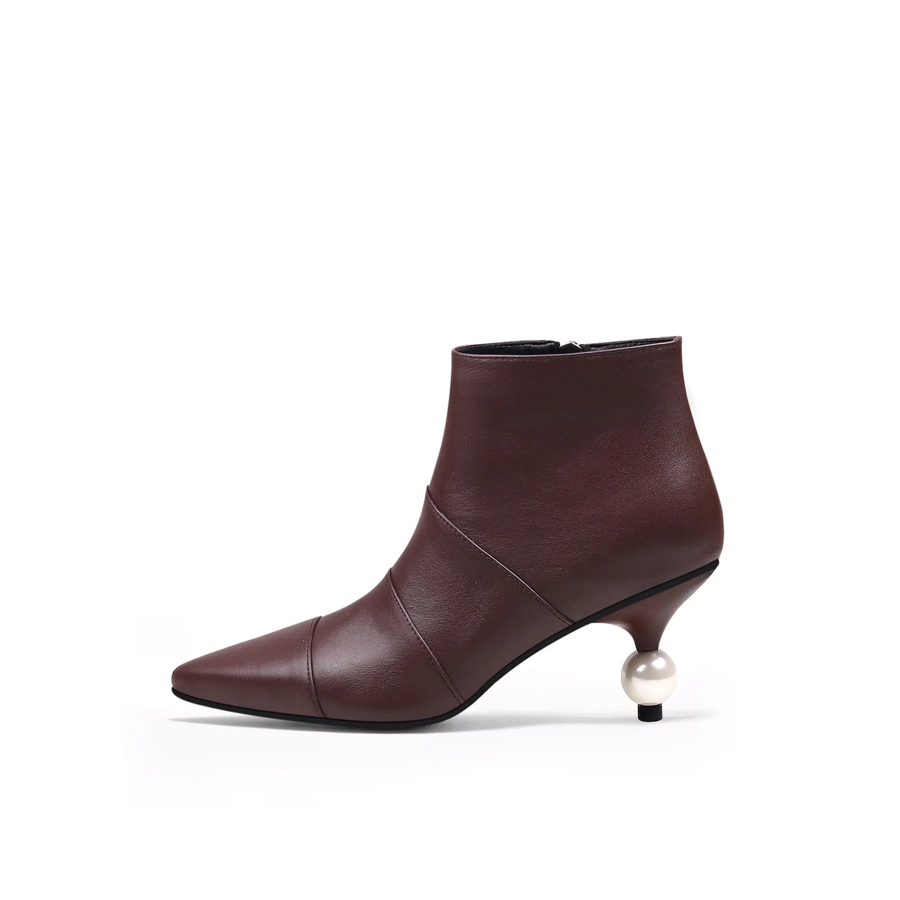 Pearl Kitten Heel Leather Bootie - Chocolate