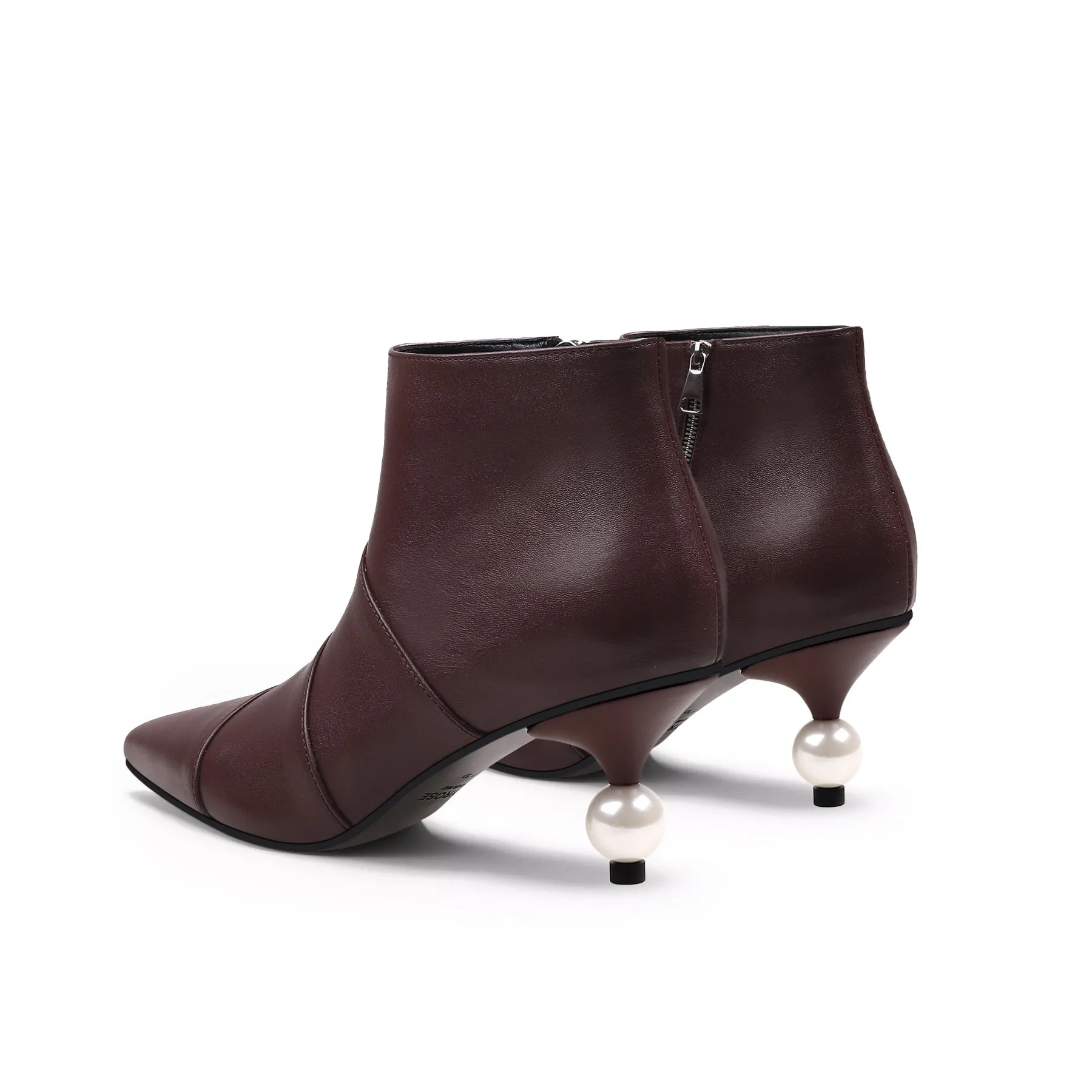 Pearl Kitten Heel Leather Bootie - Chocolate