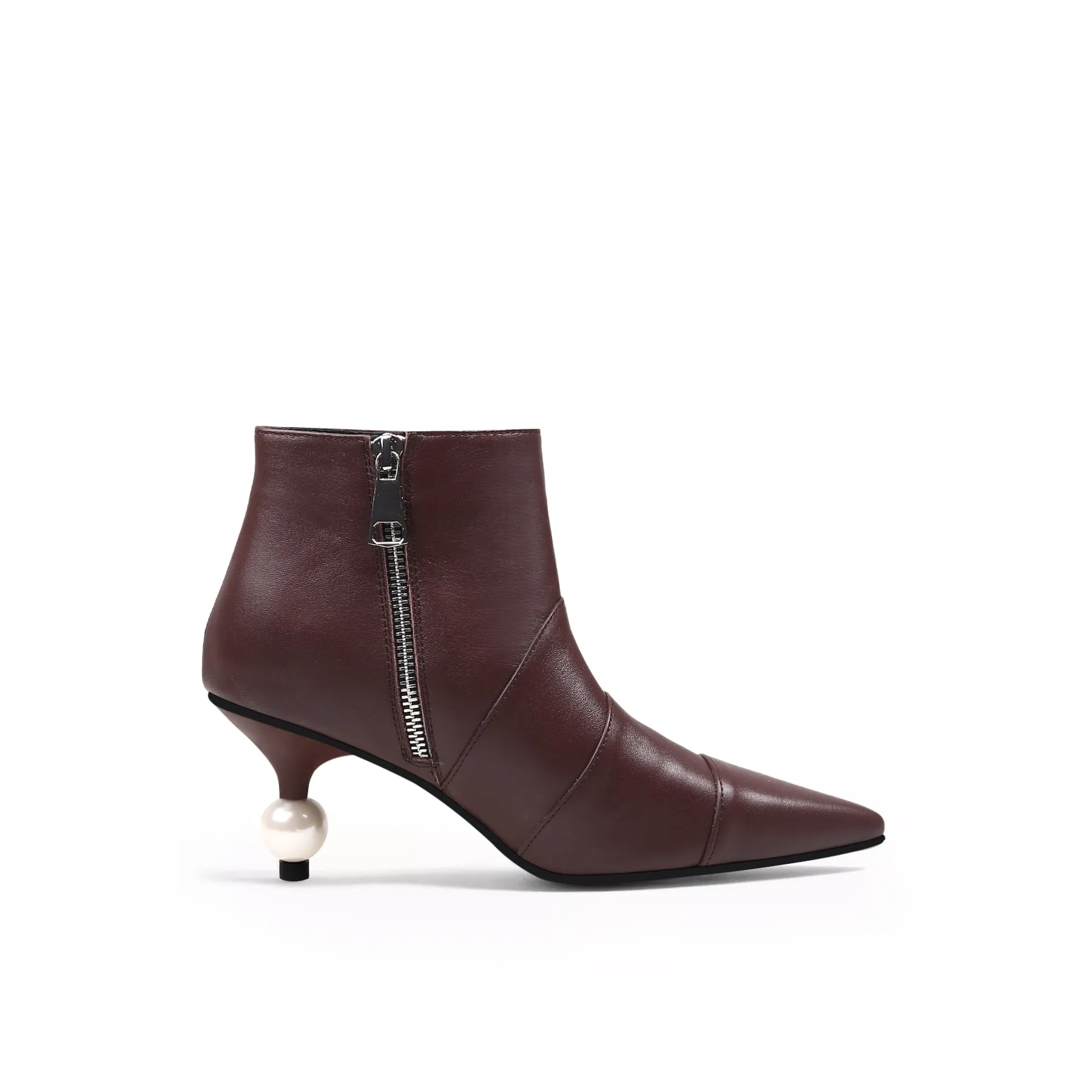 Pearl Kitten Heel Leather Bootie - Chocolate