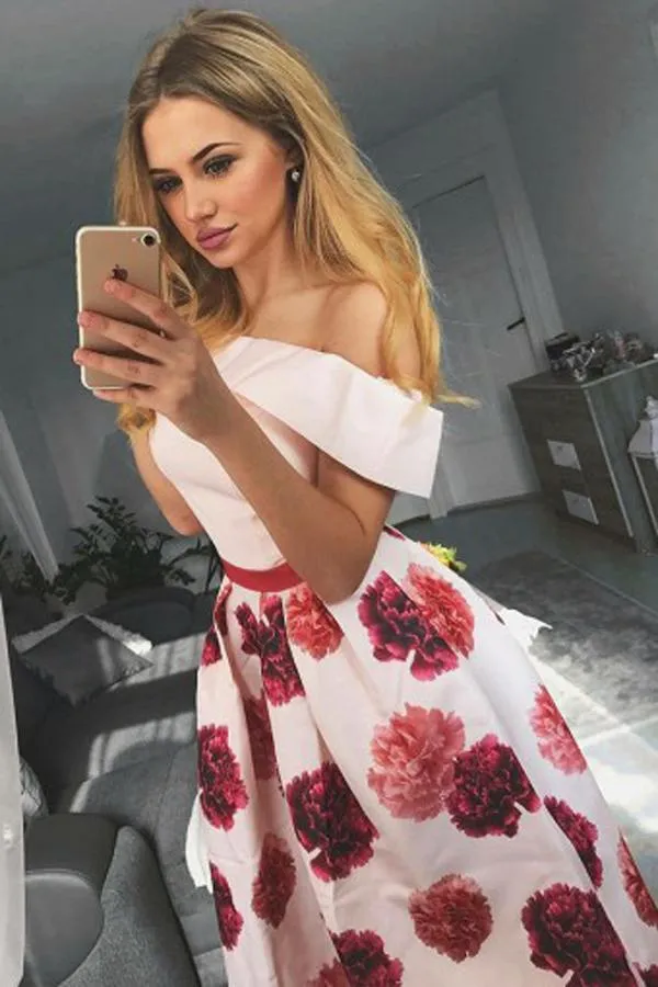 Pink Floral Satin A-Line Off Shoulder Homecoming Dresses Short Prom Dress, MH214