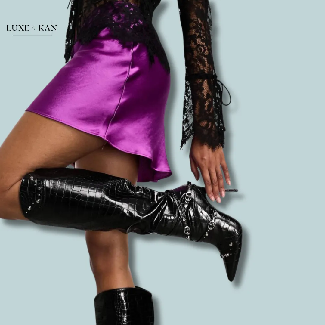 Public Desire Worthy buckle detail heeled boots in black croc