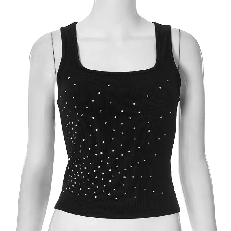Ribbed Tank Top with Rhinestone Detail