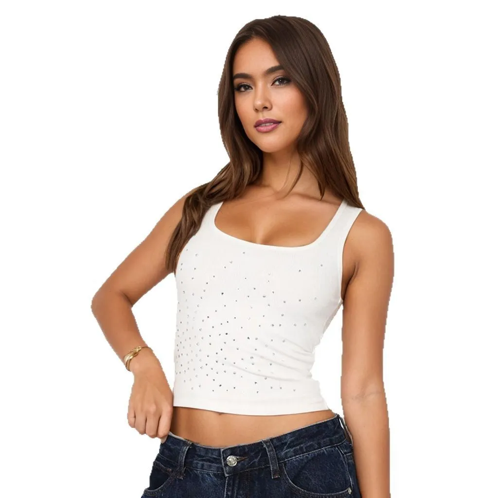 Ribbed Tank Top with Rhinestone Detail