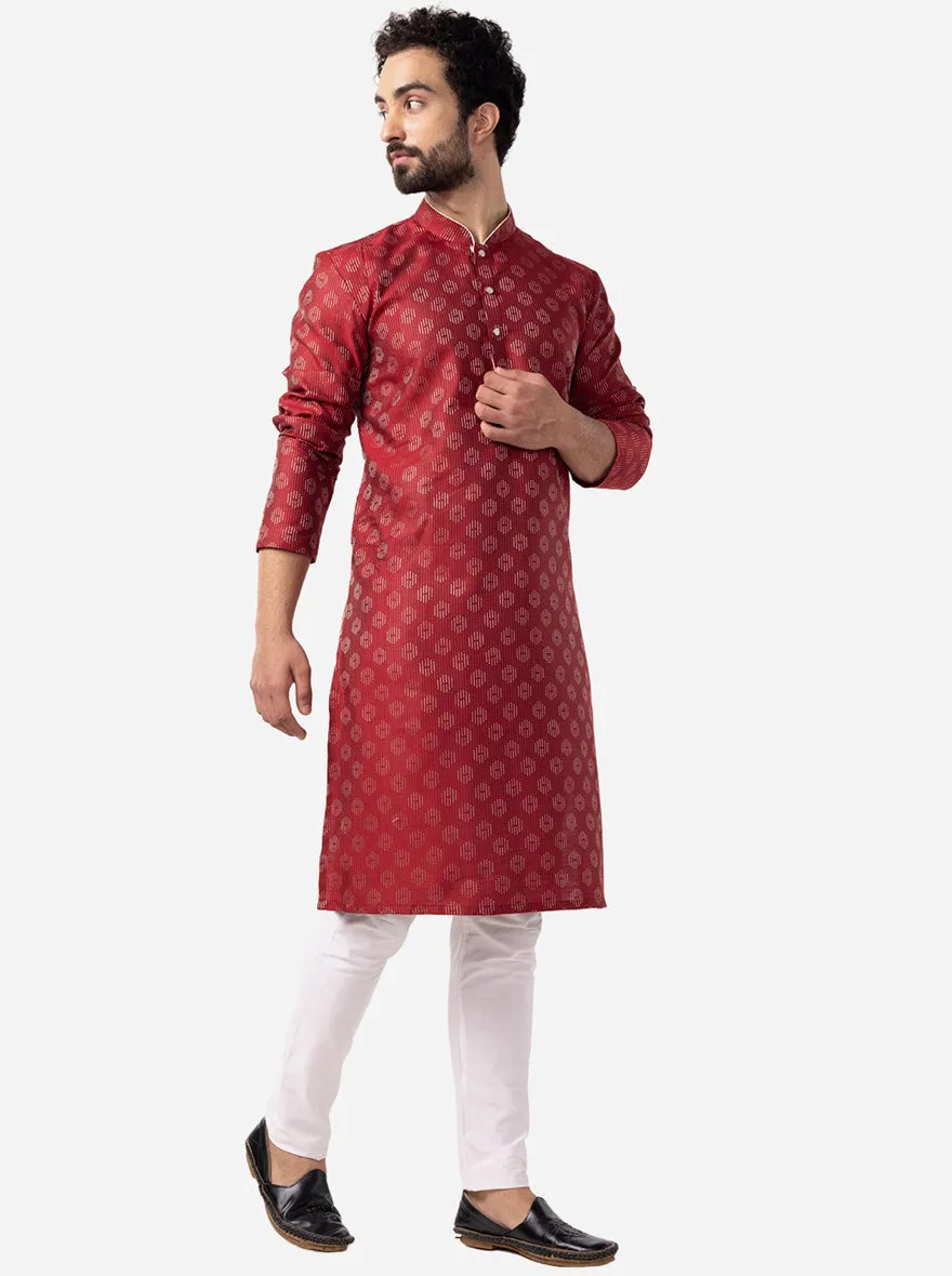 Ruby Red Printed Cotton Silk Blend Kurta | The Kurta Company