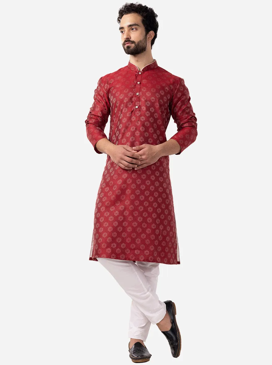 Ruby Red Printed Cotton Silk Blend Kurta | The Kurta Company