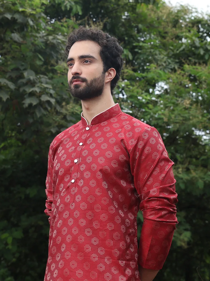Ruby Red Printed Cotton Silk Blend Kurta | The Kurta Company