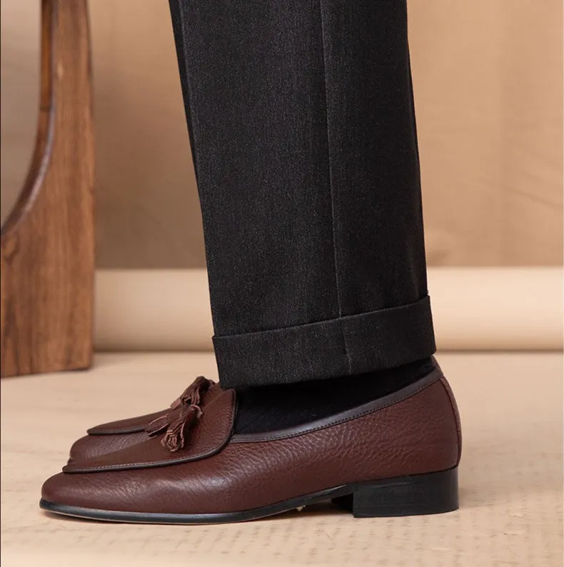 Tassel Pebble Grain Leather Belgian Loafers